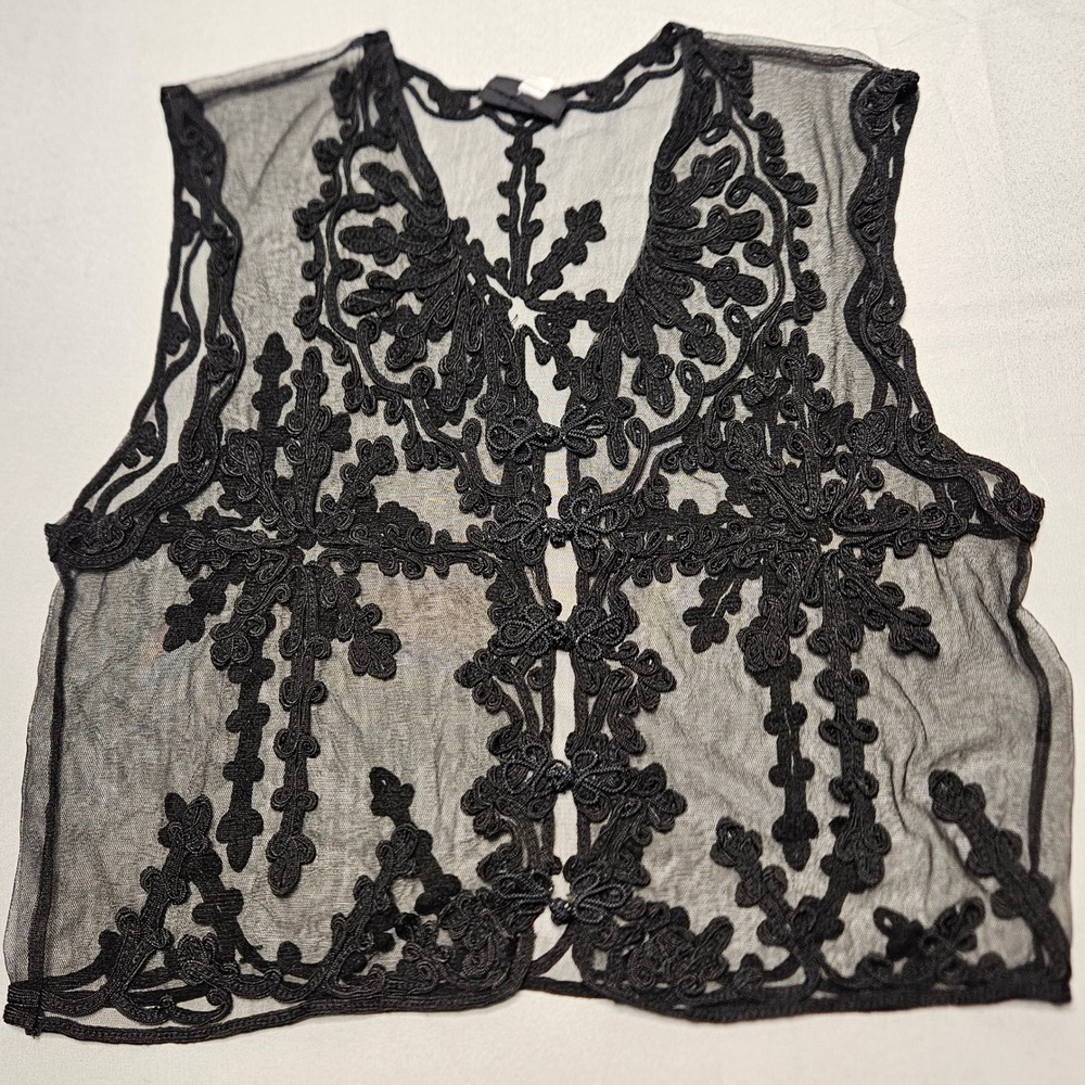 Bohemian Embroidered Mesh Vest Women Medium Black Sheer Soutache Gothic Coquette